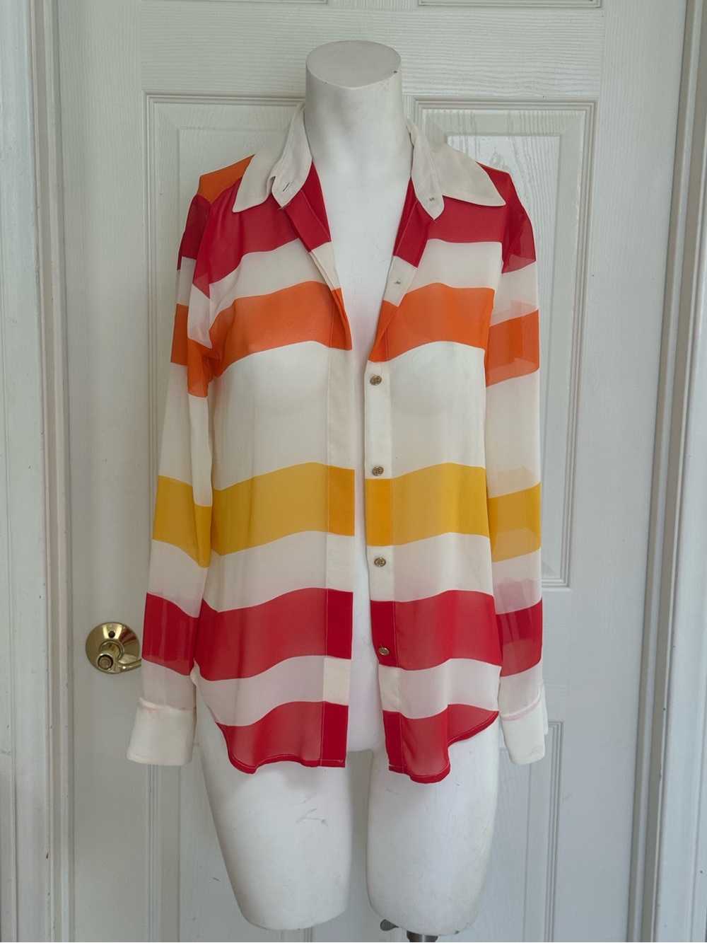 Vince Camuto Striped Button-Up Blouse in Red, Orange, Yellow, Cream